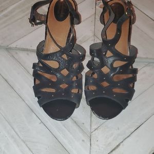 Clarks Artisan S. 9 Black Leather Tan Cork Wedge